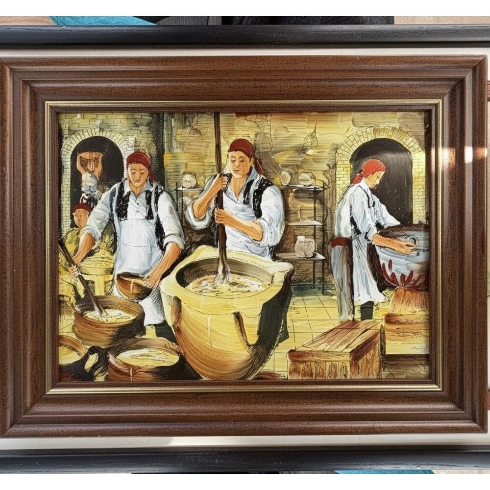 Vintage Folk Art Kitchen Cooking Scene Framed Wall Art Rustic Decor - Picture 8 of 10